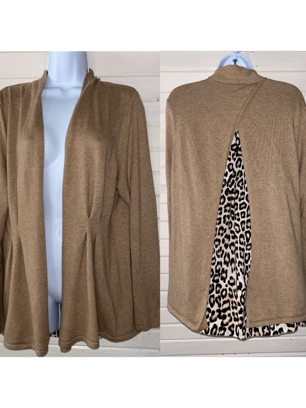 Chicos Sz 2 (LARGE) Lolita Cardigan Open Front Leopard Woven Back Cotton EUC
